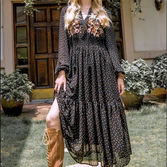 Boho Black Polka Dot Floral Embroidered Long Sleeve Maxi Dress - Picture 2 of 5